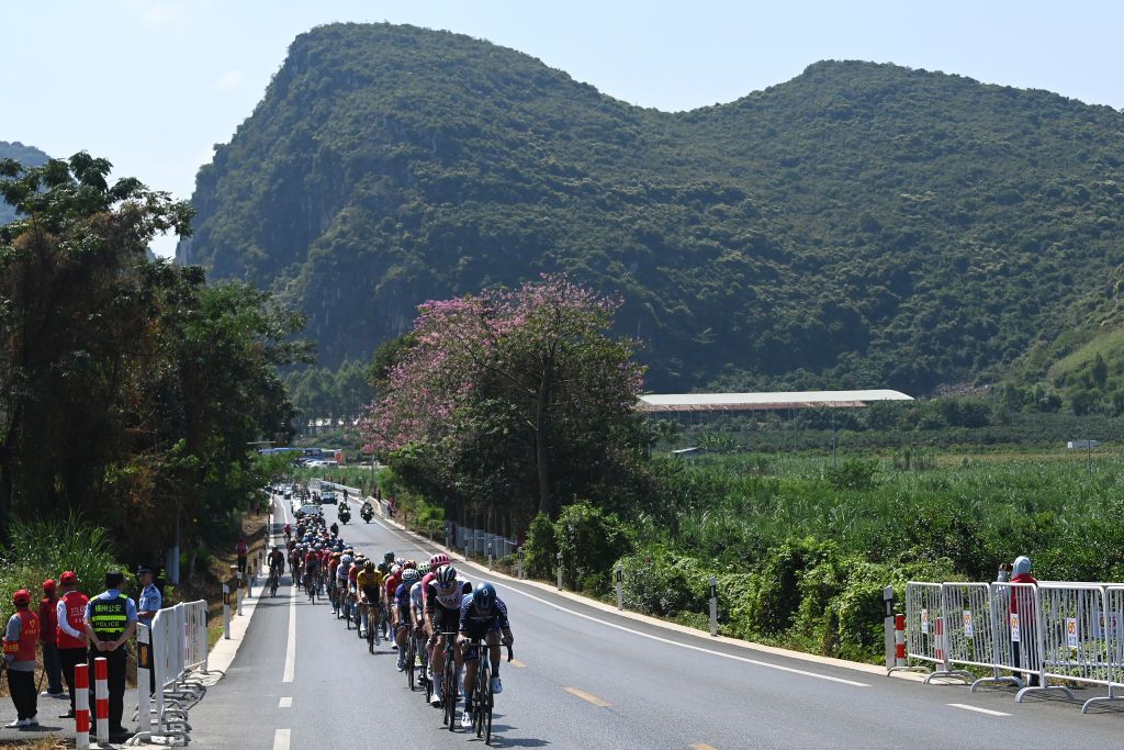 NONGLA CHINA OCTOBER 15 Abner Gonzalez of Puerto Rico and Movistar Team Jonas Rutsch of Germany and Team EF EducationEasypost Vegard Stake Laengen of Norway and UAE Team Emirates and Patrick Bevin of Australia and Team DSMFirmenich lead the peloton during the 4th GreeTour of Guangxi 2023 Stage 4 a 1614km stage from Nanning to Nongla 644m UCIWT on October 15 2023 in Nongla China Photo by Tim de WaeleGetty Images