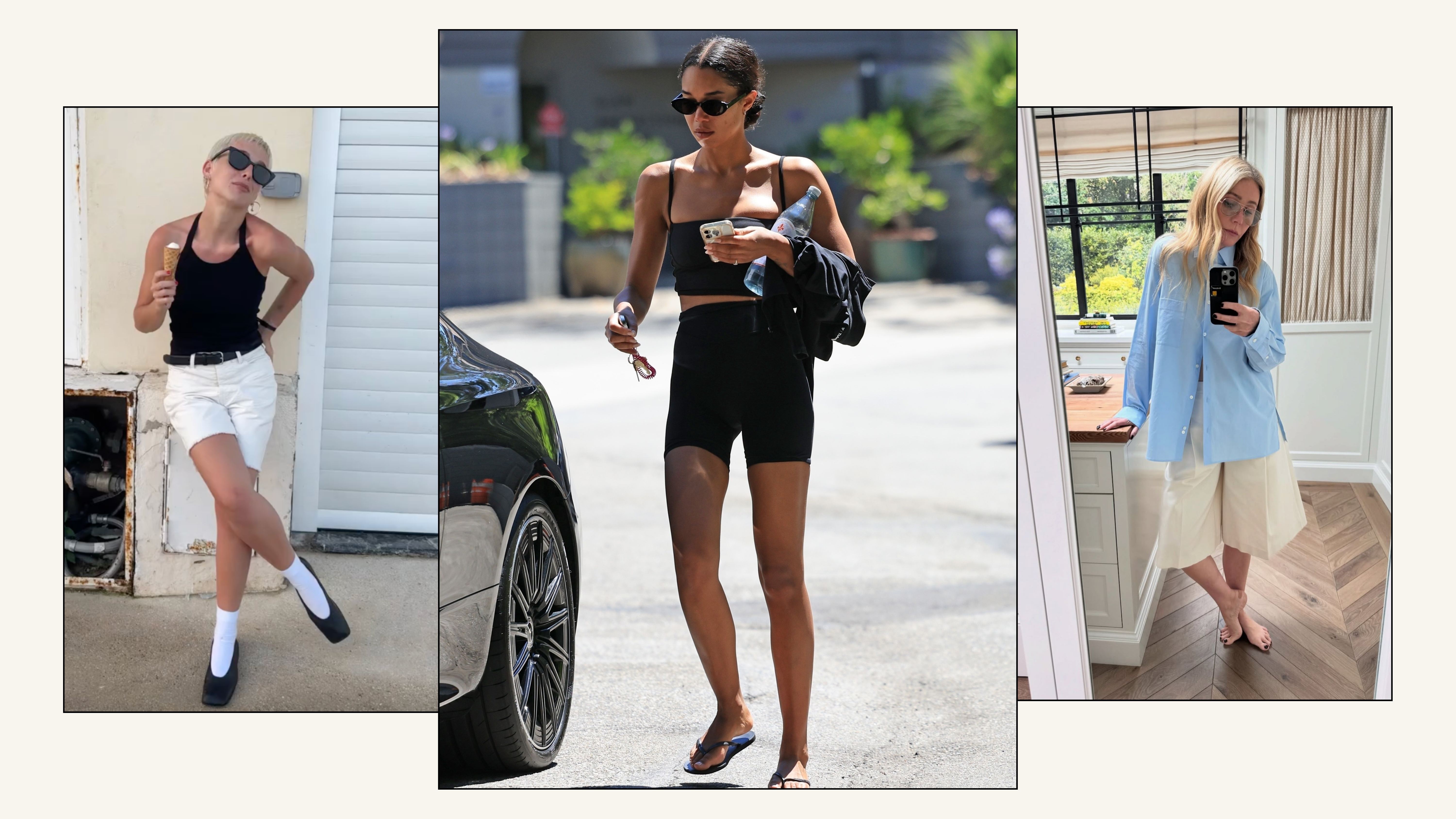 Emma Chamberlain wears white shorts, Laura Harrier wears bike shorts and Gwyneth Paltrow wears Bermuda shorts