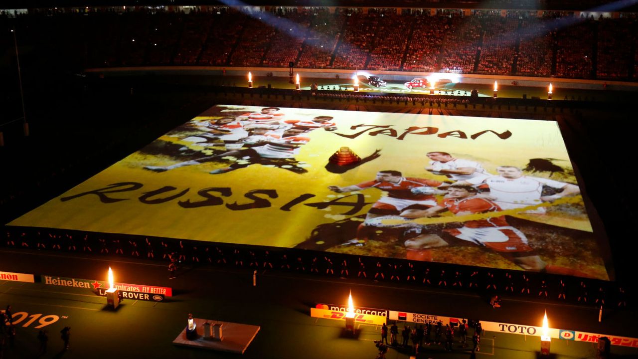 Performers take part in the Rugby World Cup opening ceremony