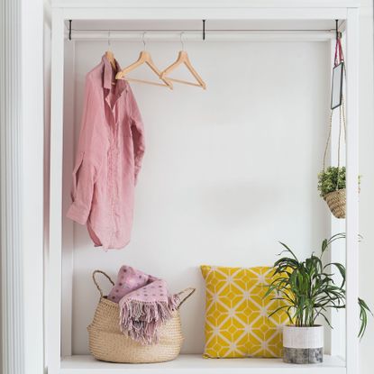 White storage unit with cabinets and hanging rail against white wall, with plants and objects in green, yellow, pink, and white 