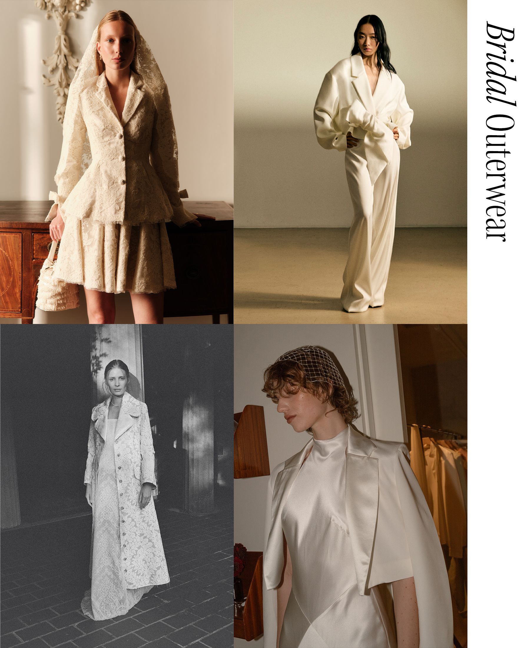 a collage of bridal outerwear with the trend name "bridal outerwear."