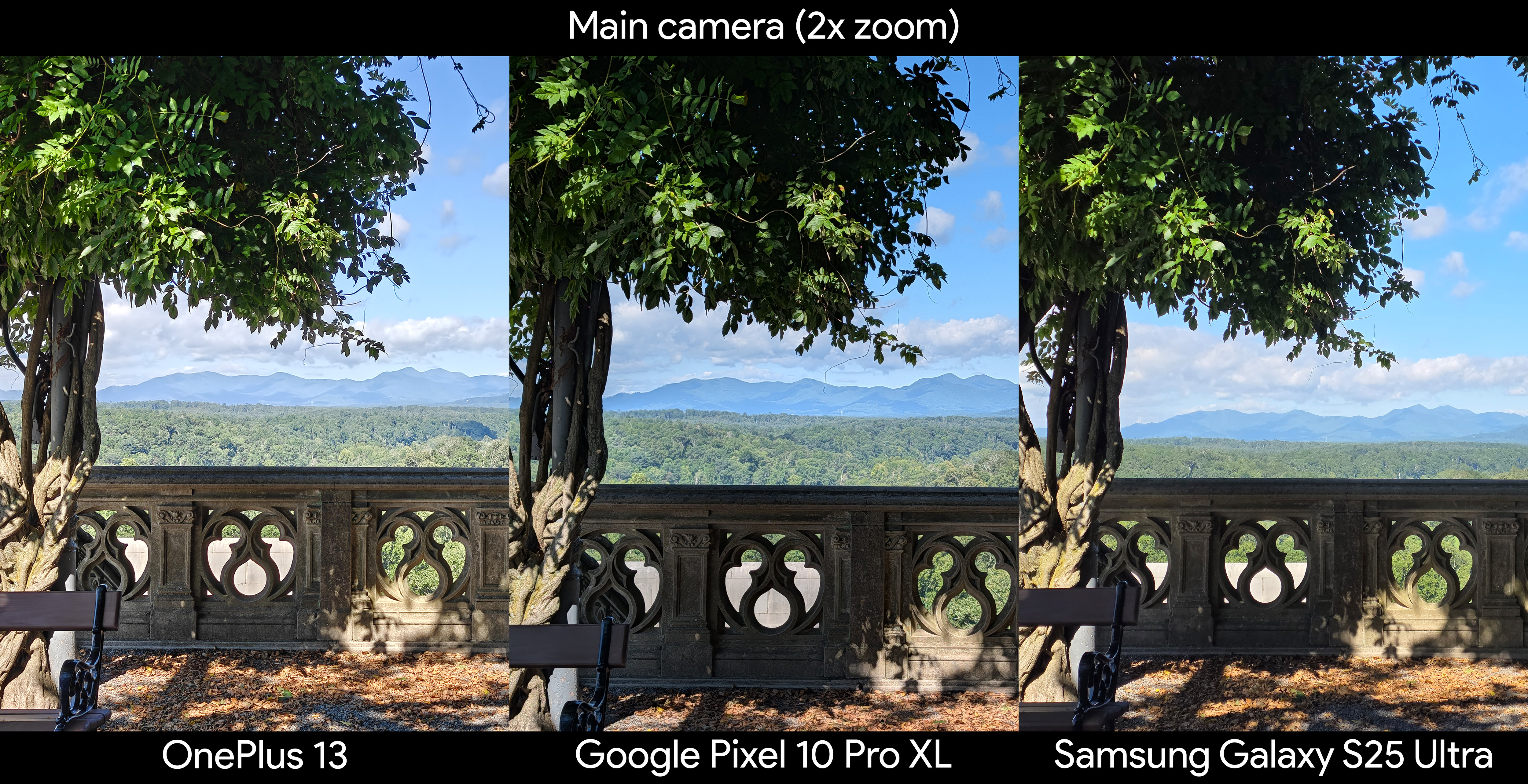 Comparing photos of a shaded terrace with mountains in the background between the Google Pixel 10 Pro XL, Samsung Galaxy S25 Ultra, and OnePlus 13 at 2x zoom
