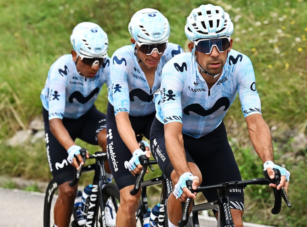 LAGOS DE COVADONGA SPAIN SEPTEMBER 03 LR Enric Mas of Spain and Nelson Oliveira of Portugal and Team Movistar compete during the La Vuelta 79th Tour of Spain 2024 Stage 16 a 1815km stage Luanco to Lagos de Covadonga 1069m UCIWT on September 03 2024 in Lagos de Covadonga Spain Photo by Tim de WaeleGetty Images