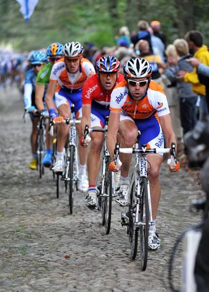 Bram Tankink (Rabobank) leads over a cobble sector.