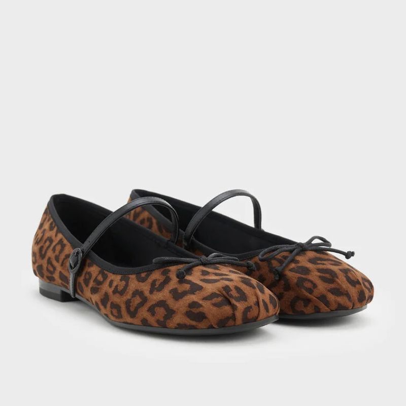 Luk s leopardím vzorem Mary Jane Flats - hnědý zvířecí potisk