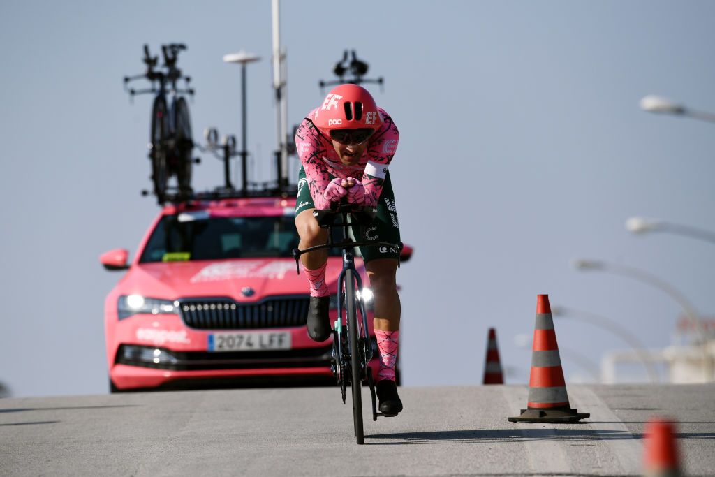 CAMAIORE ITALY MARCH 07 Ruben Guerreiro of Portugal and Team EF Education Easypost sprints during the 57th TirrenoAdriatico 2022 Stage 1 a 139km individual time trial from Lido di Camaiore to Lido di Camaiore TirrenoAdriatico on March 07 2022 in Camaiore Italy Photo by Tim de WaeleGetty Images