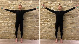 Pilates teacher performing arm cirlces with small dumbbells