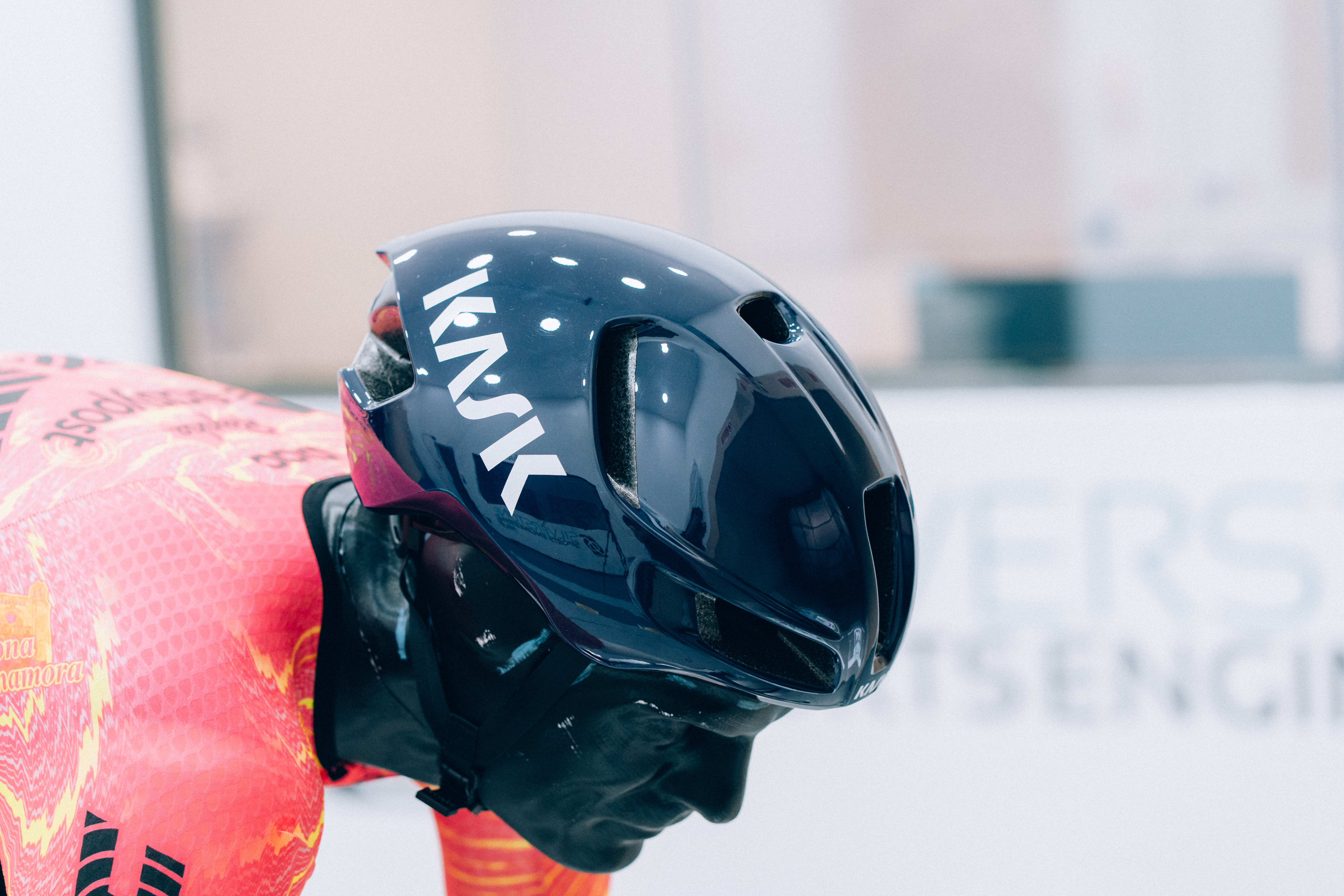 A close up of helmets being tested in the wind tunnel