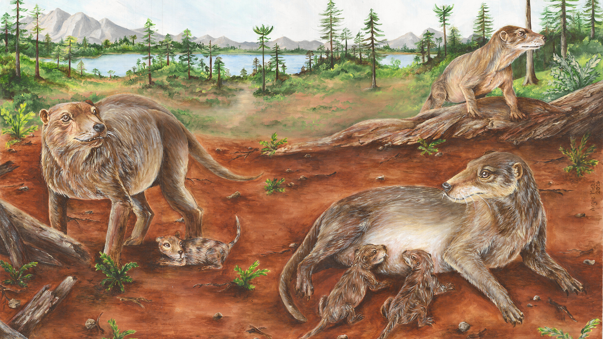 An illustration of early dog-like mammals in prehistoric Earth