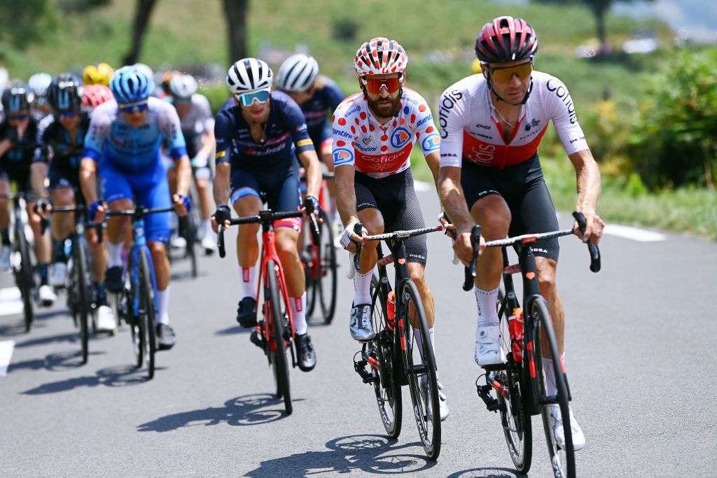 PEYRAGUDES FRANCE JULY 20 LR Simon Geschke of Germany Polka Dot Mountain Jersey and PierreLuc Perichon of France and Team Cofidis compete in the chase group during the 109th Tour de France 2022 Stage 17 a 1297km stage from SaintGaudens to Peyragudes 1580m TDF2022 WorldTour on July 20 2022 in Peyragudes France Photo by Tim de WaeleGetty Images