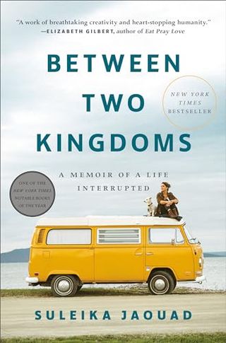 Between Two Kingdoms book cover with a yellow van next to the water and a person sitting on top