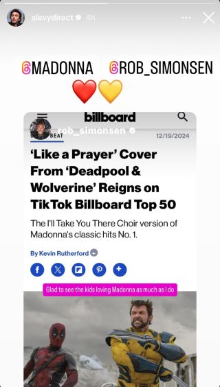 Shawn Levy's IG Story post about Like A Prayer