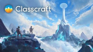 Classcraft story mode illustration: Heroes on the mountaintop face an unknown tower.