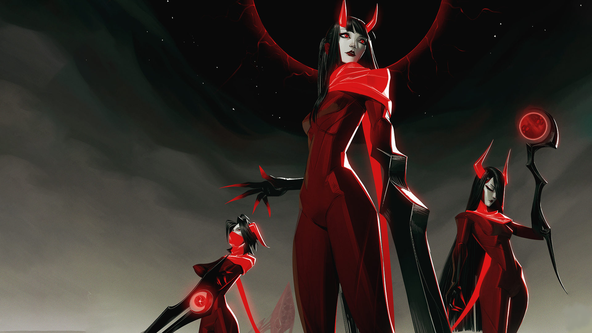 A woman with long nails in a red bodysuit stands under a dark sun