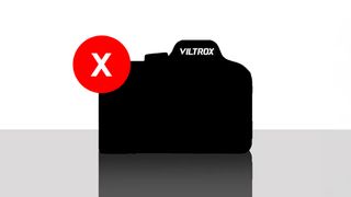Silhouette of a camera with "VILTROX" branding, accompanied by a red 'X' indicating a negative or prohibited action