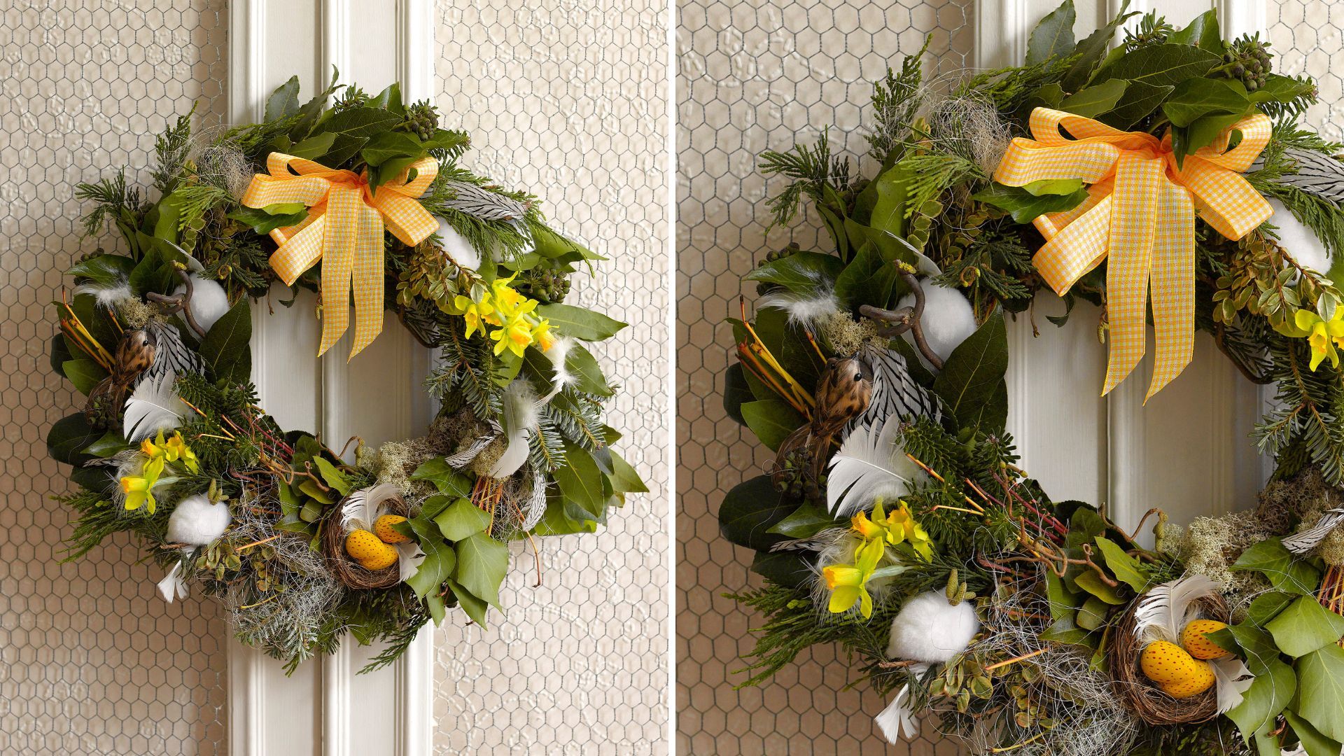 An Easter wreath with different types of feathers or spring flowers like daffodils