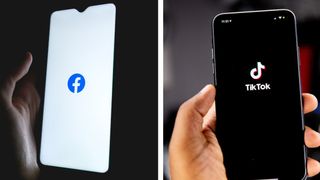 Phones in hands showing Facebook and TikTok logos