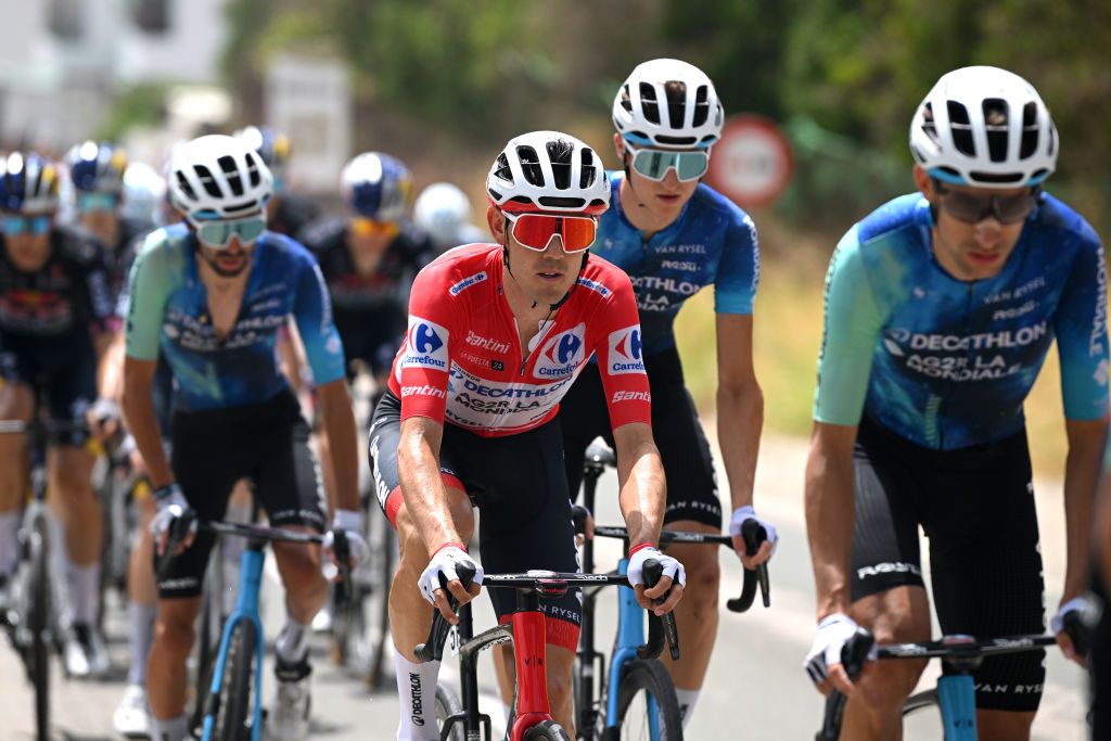 GRANADA SPAIN AUGUST 25 Ben OConnor of Australia and Team Decathlon AG2R La Mondiale Red Leader Jersey competes during the La Vuelta 79th Tour of Spain 2024 Stage 9 a 1785km stage from Motril to Granada UCIWT on August 25 2024 in Granada Spain Photo by Dario BelingheriGetty Images