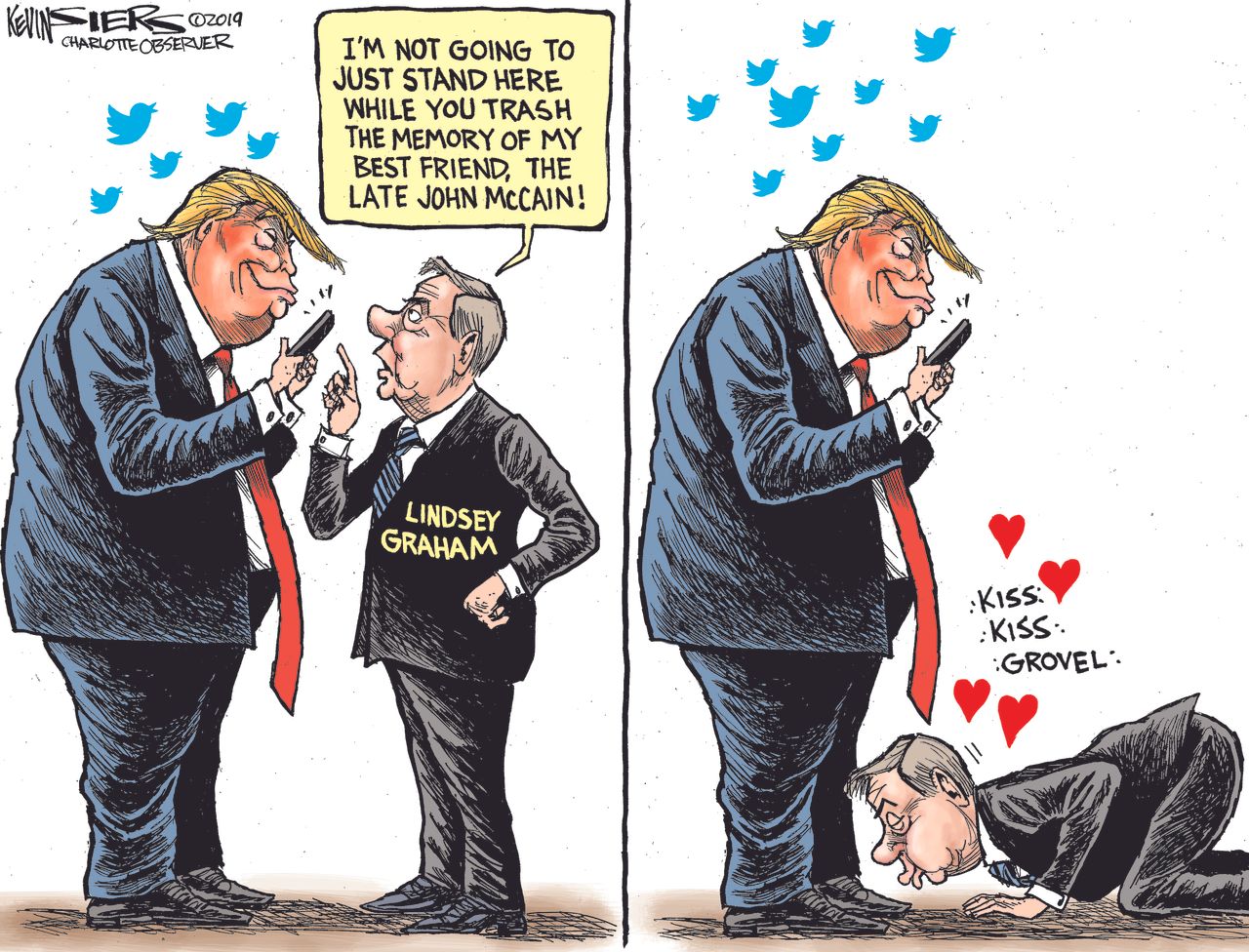 Political Cartoon U.S. Trump Lindsey Graham defending John McCain