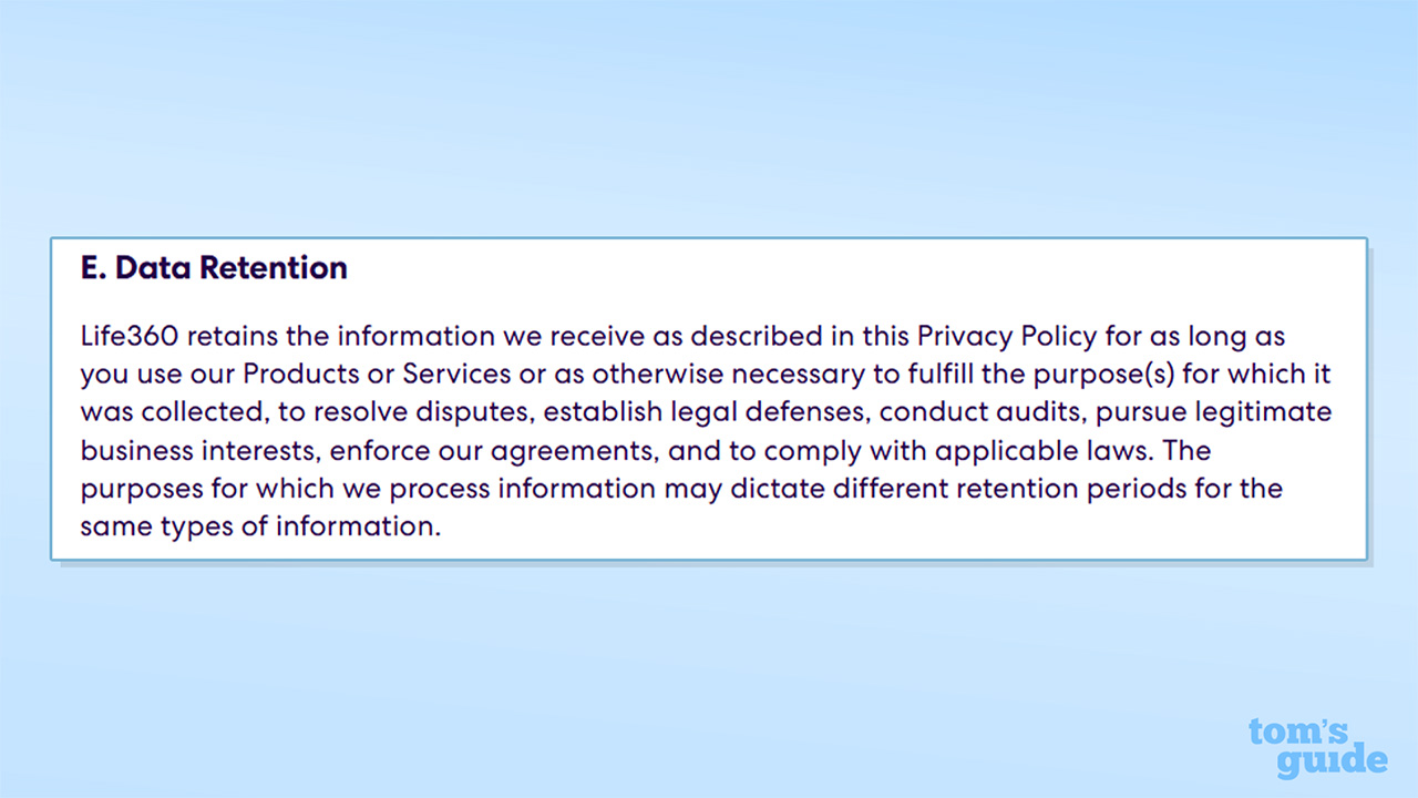 Screenshot of the data retention section of Life360's privacy policy