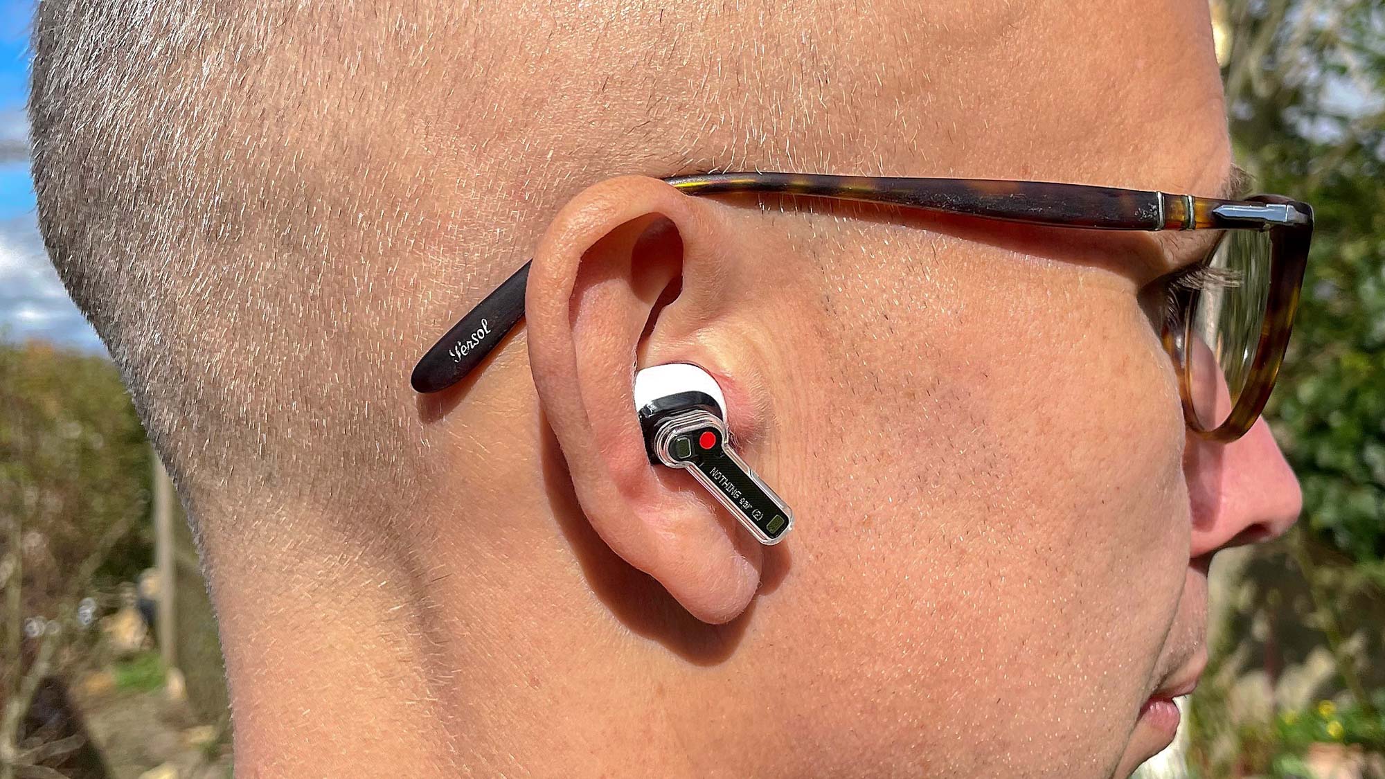 Showing side profile of Nothing Ear (2) in reviewer's ear