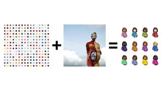 Damien Hirst's Painted Dots and The Virgin Mother in an equation that equals Drake's new album art.