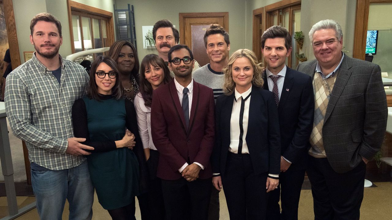 parks and recreation one last ride episode 712713 pictured l r chris pratt as andy dwyer, aubrey plaza as april ludgate, retta as donna meagle, rashida jones as ann perkins, nick offerman as ron swanson, aziz ansari as tom haverford, rob lowe as chris traeger, amy poehler as leslie knope, adam scott as ben wyatt, jim oheir as garry gergich photo by colleen hayesnbcu photo banknbcuniversal via getty images via getty images