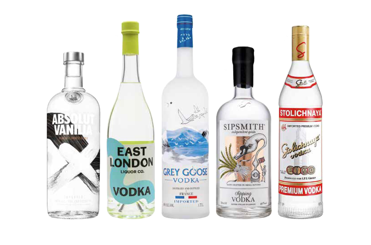 Five bottles of vodka against a white background