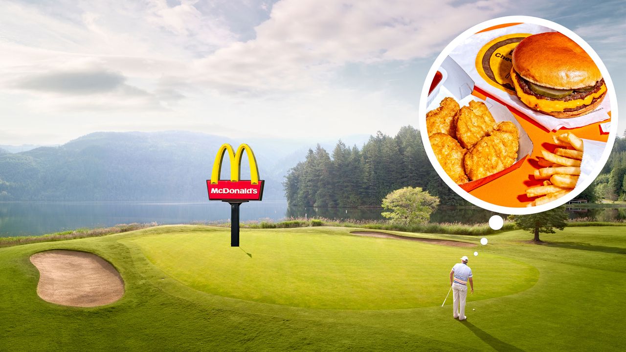 A green on a golf course where the flag has been replaced by the McDonald&#039;s golden arches. A golfer stands just off the green, with a thought bubble up to an image of various McDonald&#039;s restaurant menu items