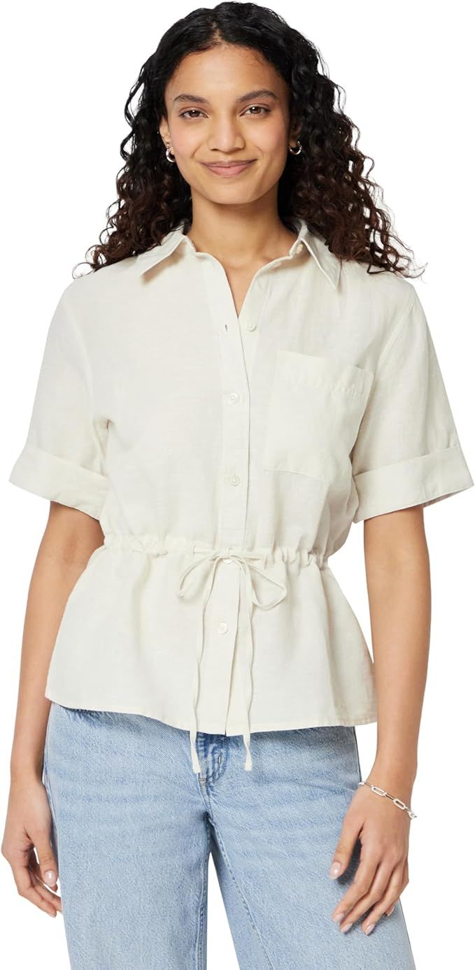 Amazon Essentials, Amazon Essentials Women's Relaxed-Fit Linen Blend Wide Sleeve Shirt With Adjustable Waist Black, Light Beige, Medium