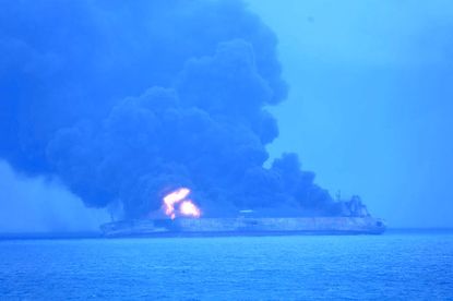 In this photo provided by Korea Coast Guard, the Panama-registered tanker "Sanchi" is seen ablaze after a collision with a Hong Kong-registered freighter off China's eastern coast Sunday, Jan