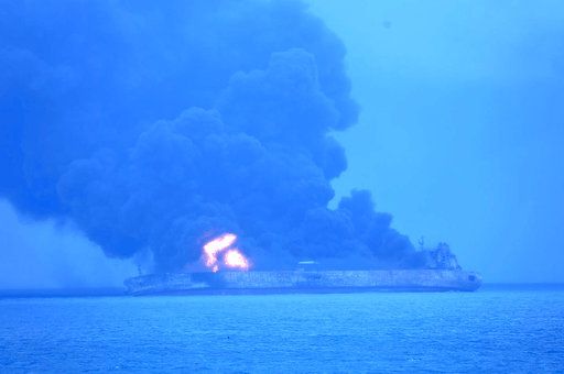 In this photo provided by Korea Coast Guard, the Panama-registered tanker &amp;quot;Sanchi&amp;quot; is seen ablaze after a collision with a Hong Kong-registered freighter off China&amp;#039;s eastern coast Sunday, Jan