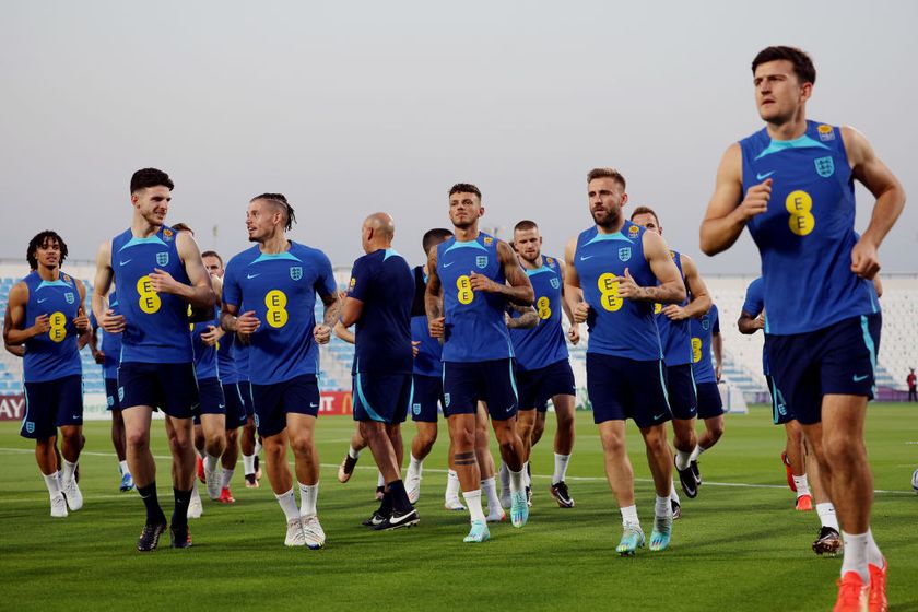 Declan Rice, Kalvin Phillips, Ben White, Luke Shaw and Harry Maguire of England train during an England training session at Al Wakrah Stadium on November 16, 2022 in Doha, Qatar.