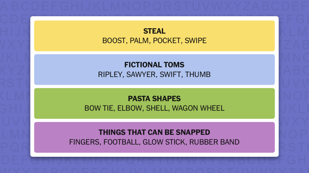 NYT Connections answers for game 1232 on a purple background