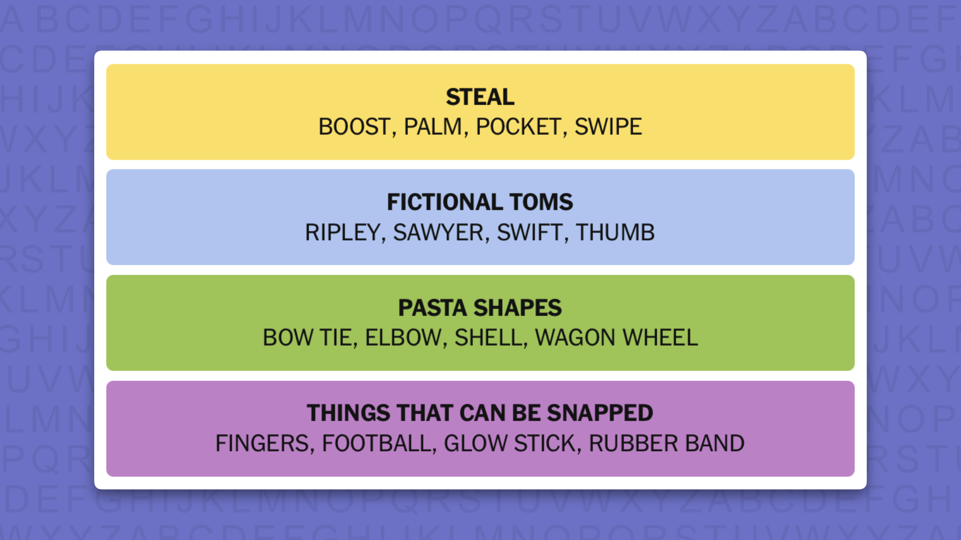 NYT Connections answers for game 1232 on a purple background