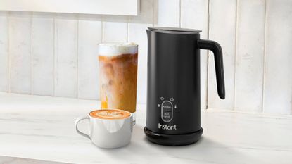 Instant Pot Milk Frother with an iced latte and hot latte beside it