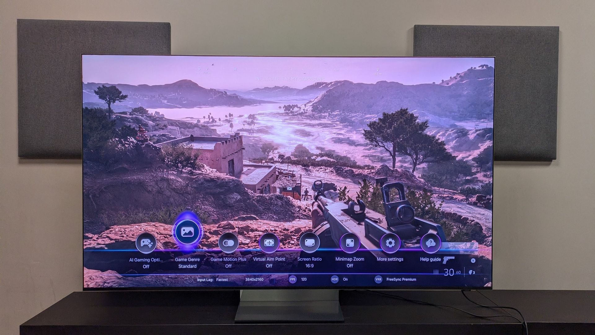 Samsung R95H with Battlefield V and game menu on screen