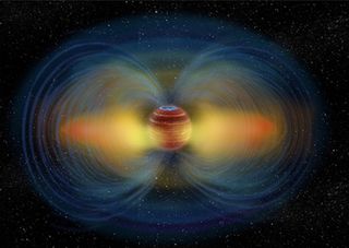 An illustration of an aurora and radiation belt around an ultracool dwarf star. 