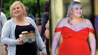 two stills from the movie isn't it romantic of rebel wilson holding a tray of coffees and in a red glamorous dress