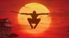 Shinobi mid-air , holding a blade outstretched with the sun setting behind them