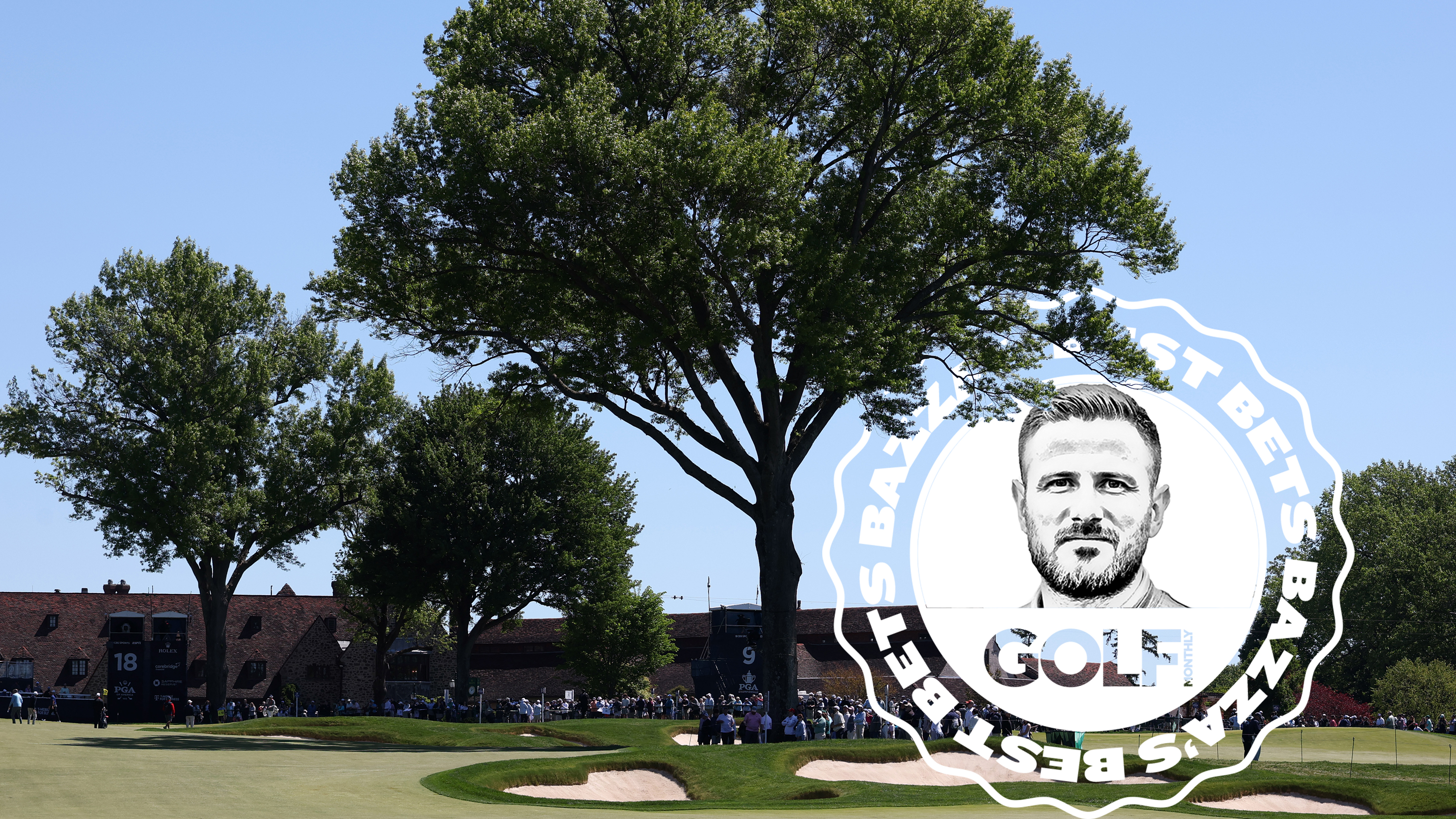 Aronimink Golf Club, host of the 2026 PGA Championship, with an inset image of the Bazza's Best Bets Logo