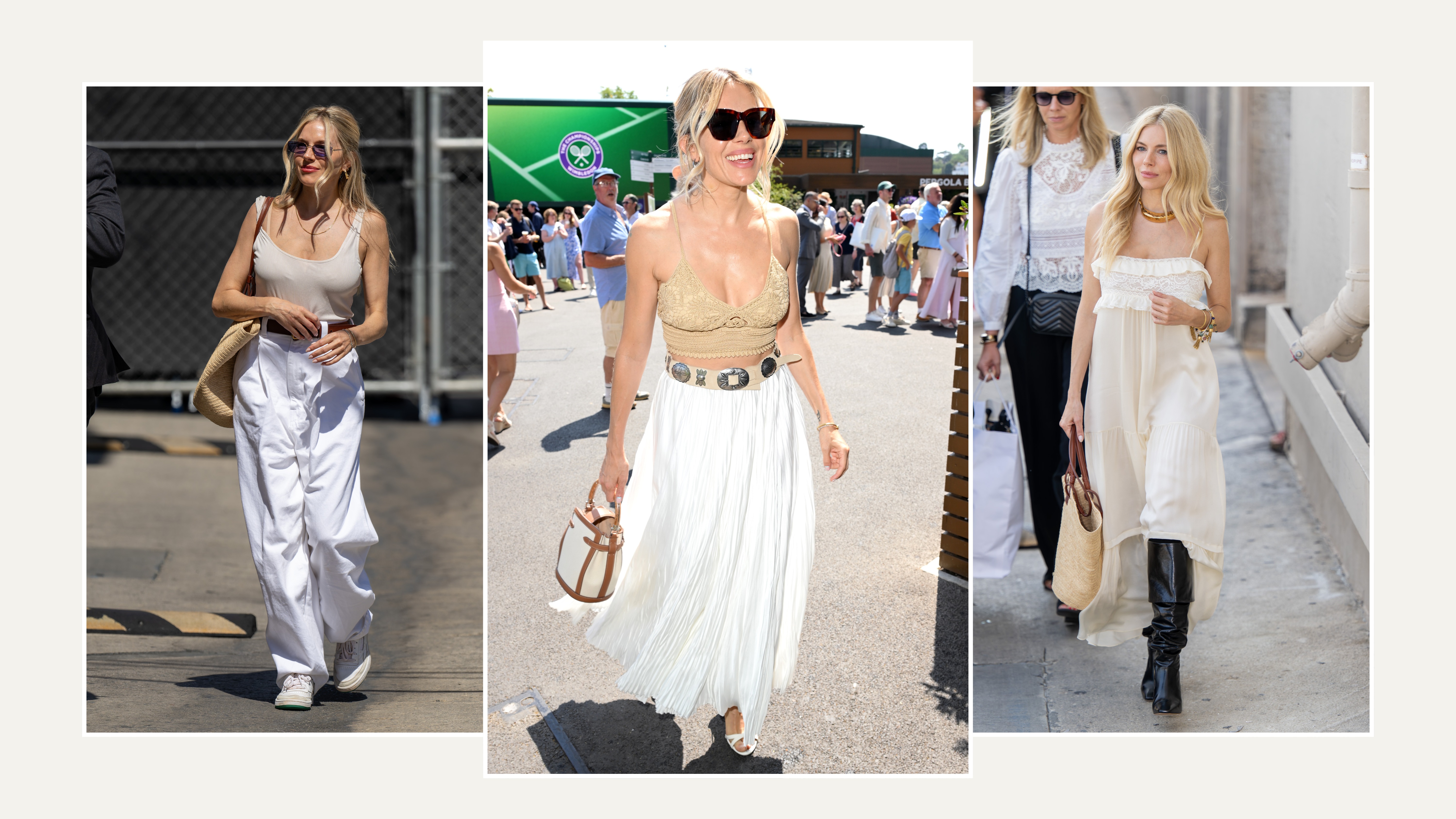 A selection of Sienna Miller's best summer outfits, featuring wide-leg trousers, dresses and skirts