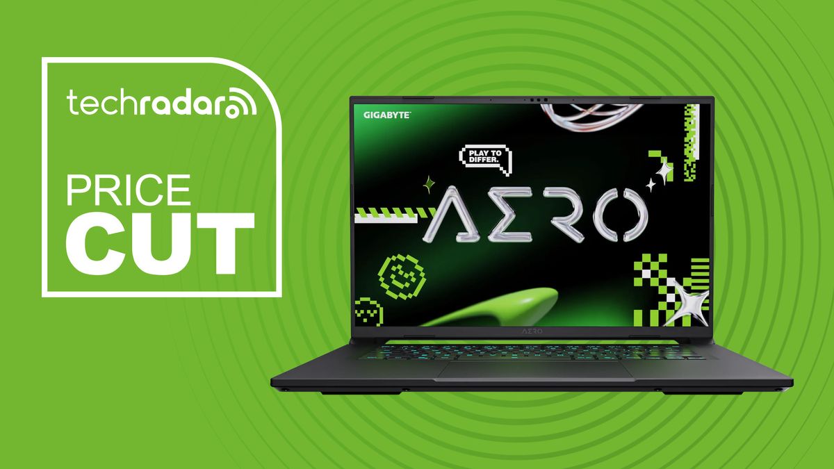 gigabyte Aero X16 on green background with price cut text overlay