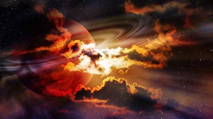 Saturn retrograde 2023: Saturn planet in clouds surrounded by stars. Elements of this image furnished by NASA.