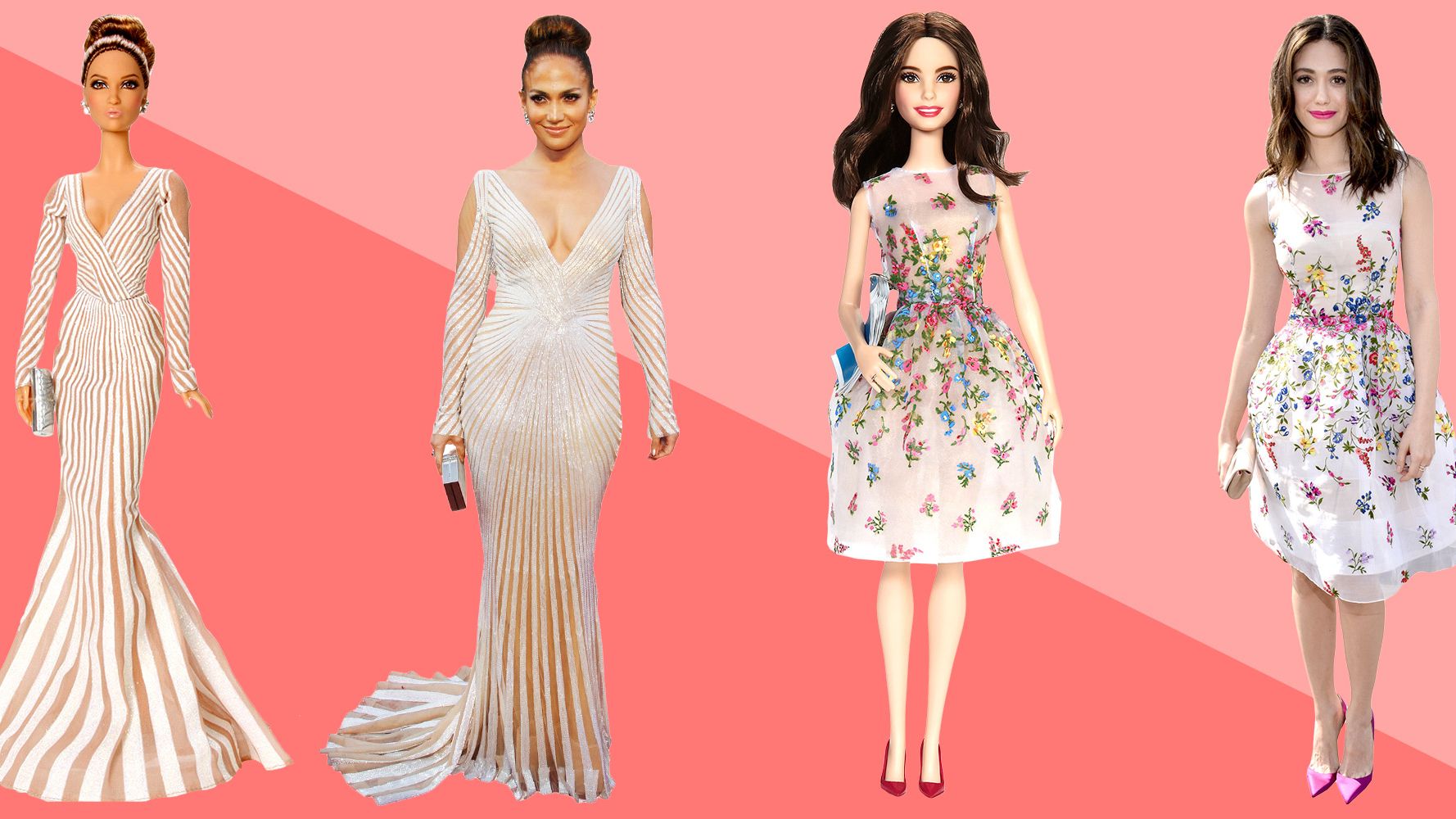 Clothing, Dress, Shoulder, Pattern, Red, Formal wear, Waist, Pink, Style, Flooring,