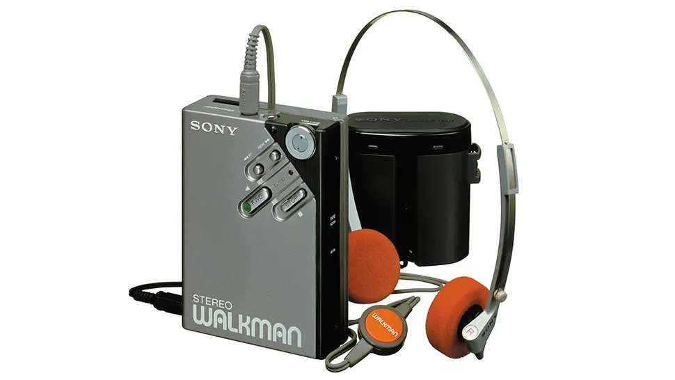 A second-generation Sony Walkman with on-ear headphones on a white background.