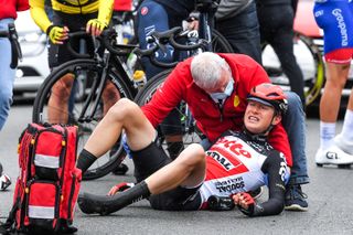 Xandres Vervloesem is treated after a crash