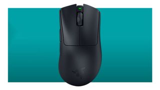 The Razer Deathadder V3 Hyperspeed gaming mouse on a teal deals background