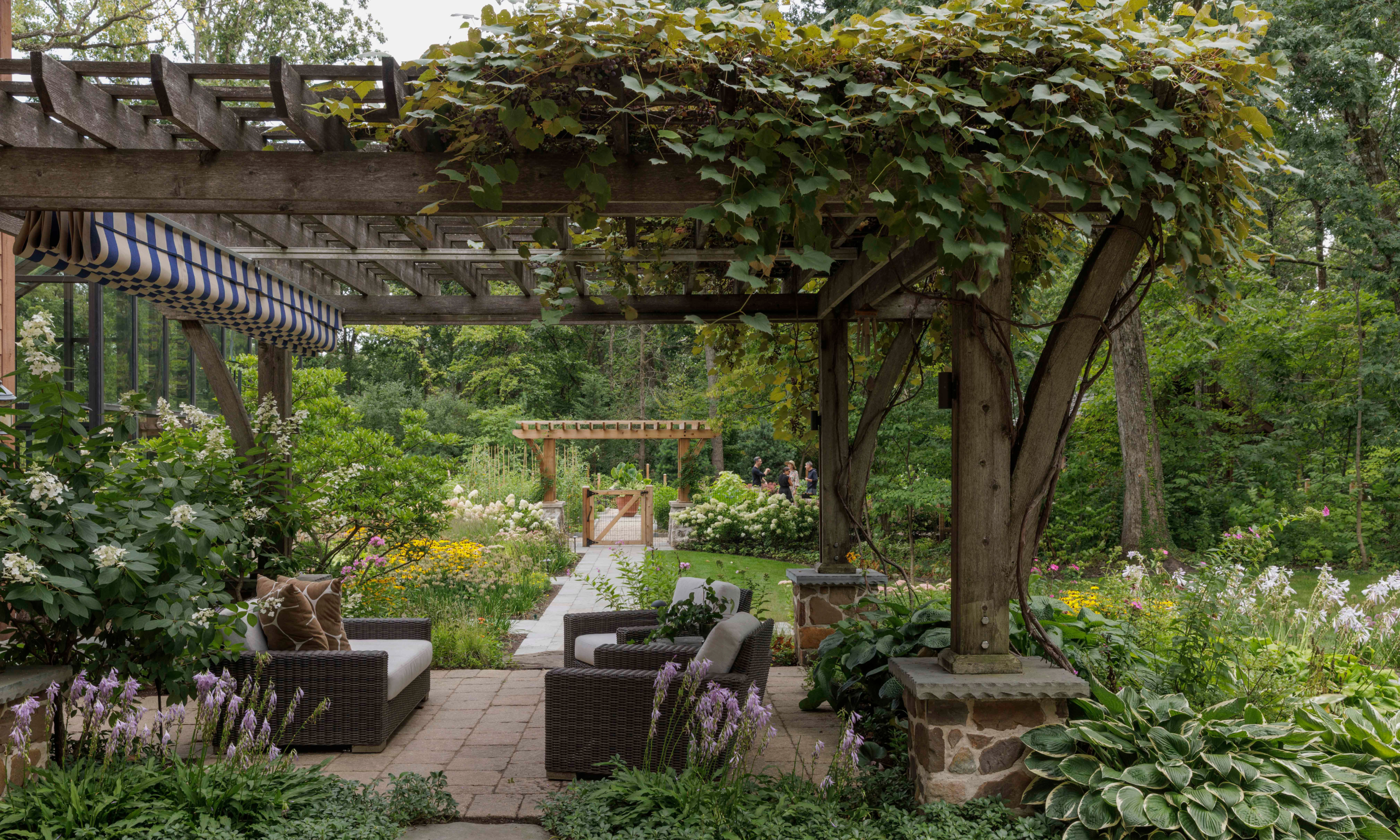 Seating area underneath large wooden pergola with vines cascading from the top, surrounded by planting