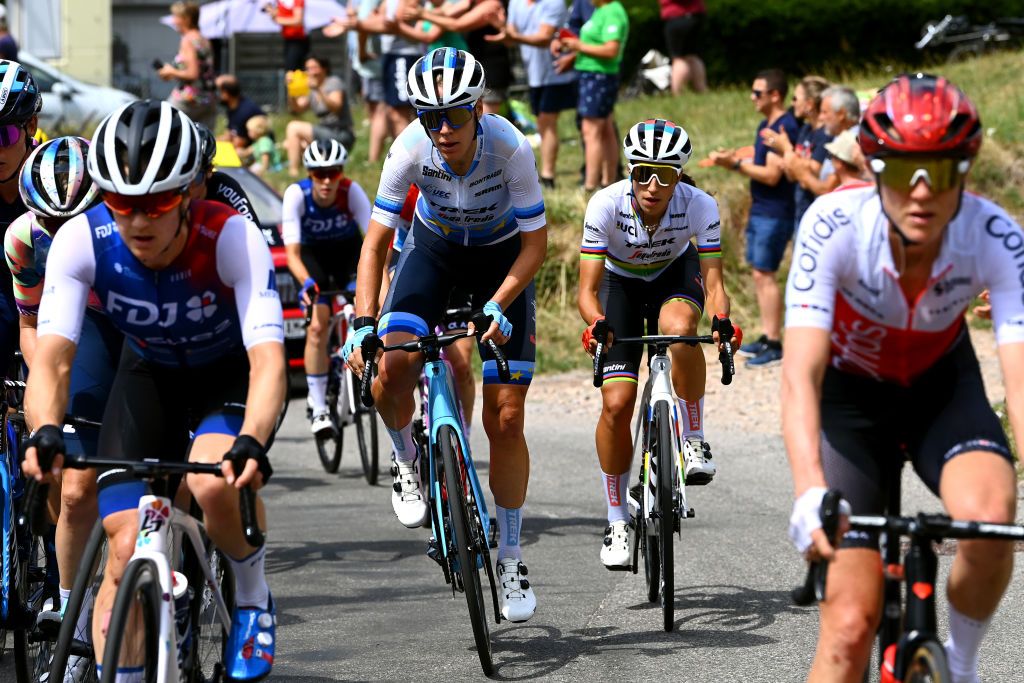 LE MARKSTEIN FRANCE JULY 30 LR Ellen Van Dijk of Netherlands and Elisa Balsamo of Italy and Team Trek Segafredo compete during the 1st Tour de France Femmes 2022 Stage 7 a 1271km stage from Slestat to Le Marksteinc TDFF UCIWWT on July 30 2022 in Le Markstein France Photo by Tim de WaeleGetty Images